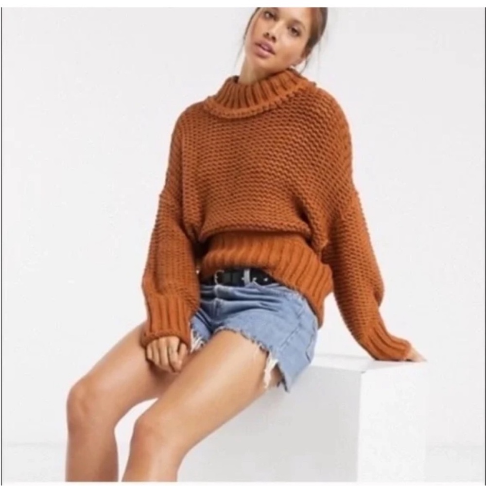 Free People My Only Sunshine Chunky Turtleneck Cropped Sweater Burnt Orange XS - Picture 6 of 13